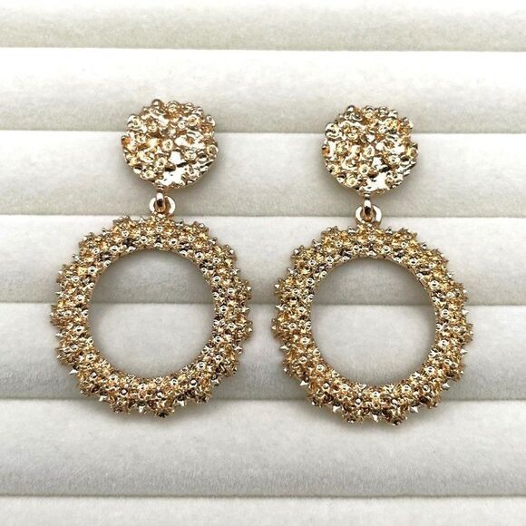 Yellow Gold Double Round Circular Textured Dangling Drop Post Back Earrings - Picture 4 of 10
